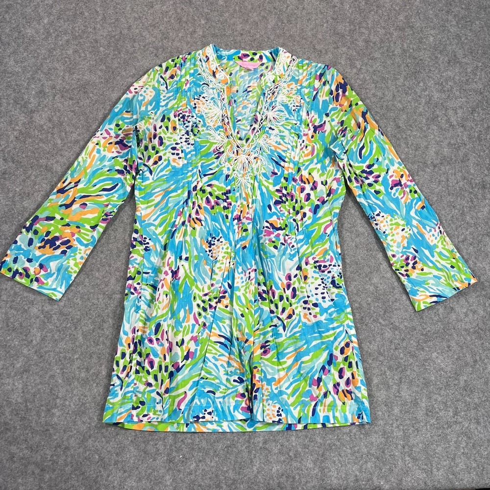 Lilly Pulitzer Sarasota Sea Soiree Beaded 3/4 Sleeve Tunic Top Women's Size XS